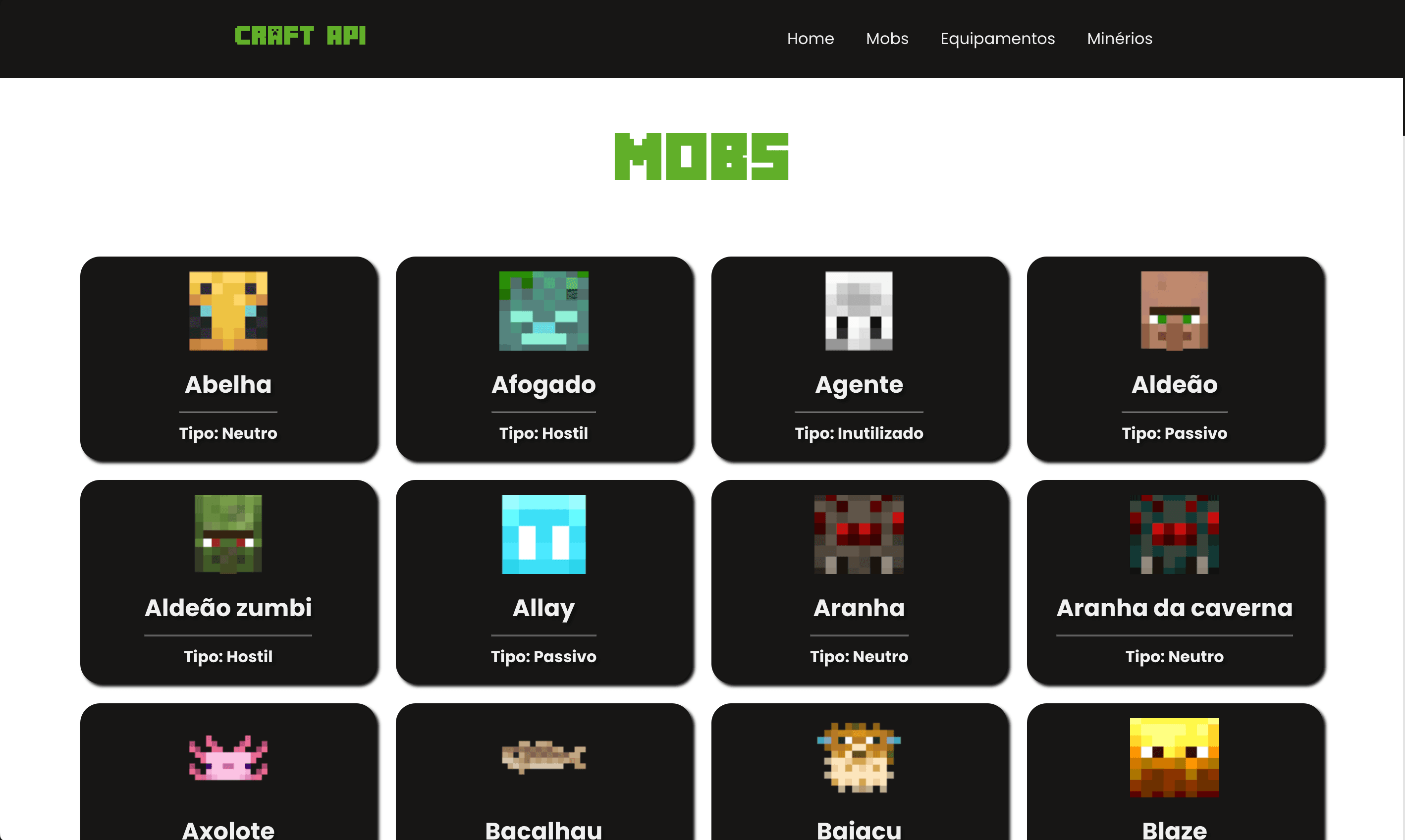 Seção de mobs do projeto Craft API