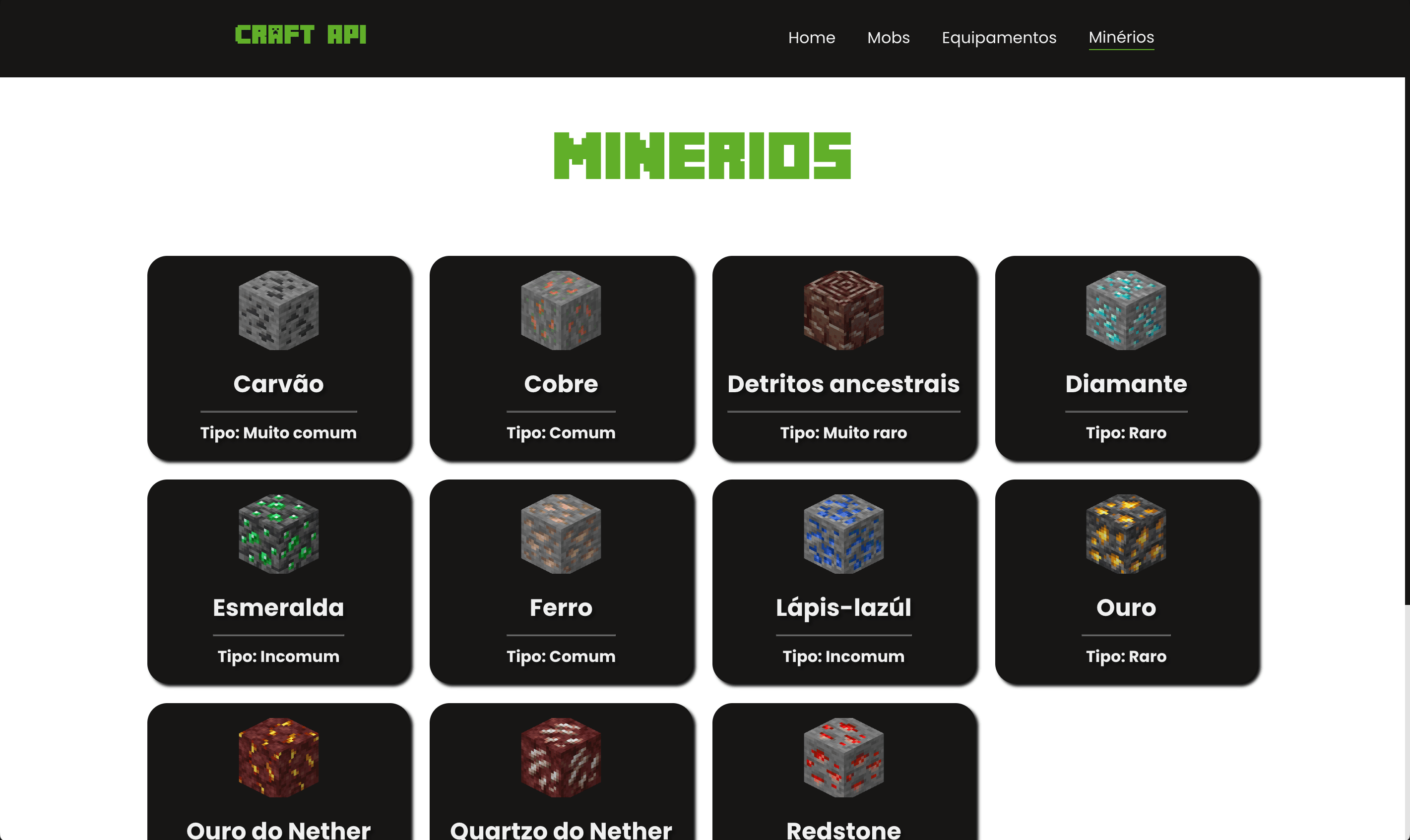 Seção de minérios com informações detalhadas