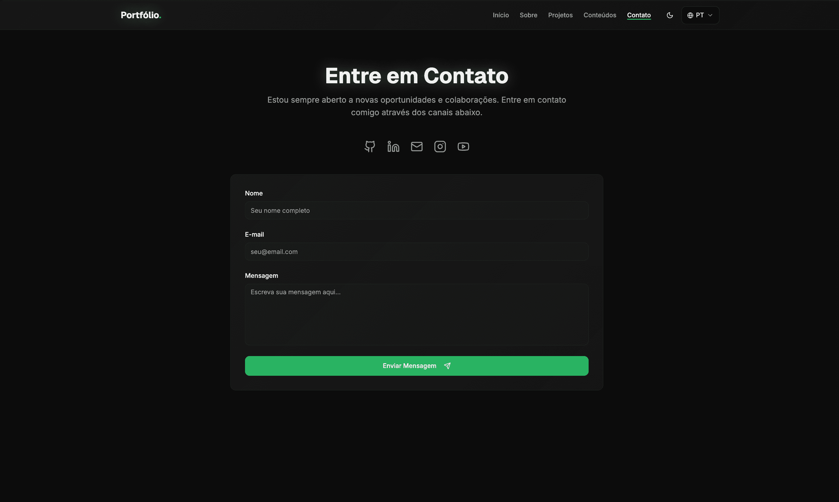 Página de contato e redes profissionais