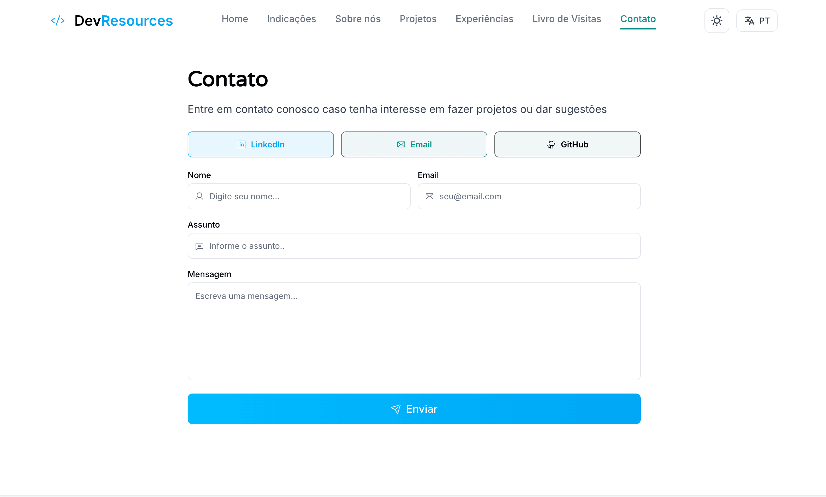 Página de contato para comunicação direta