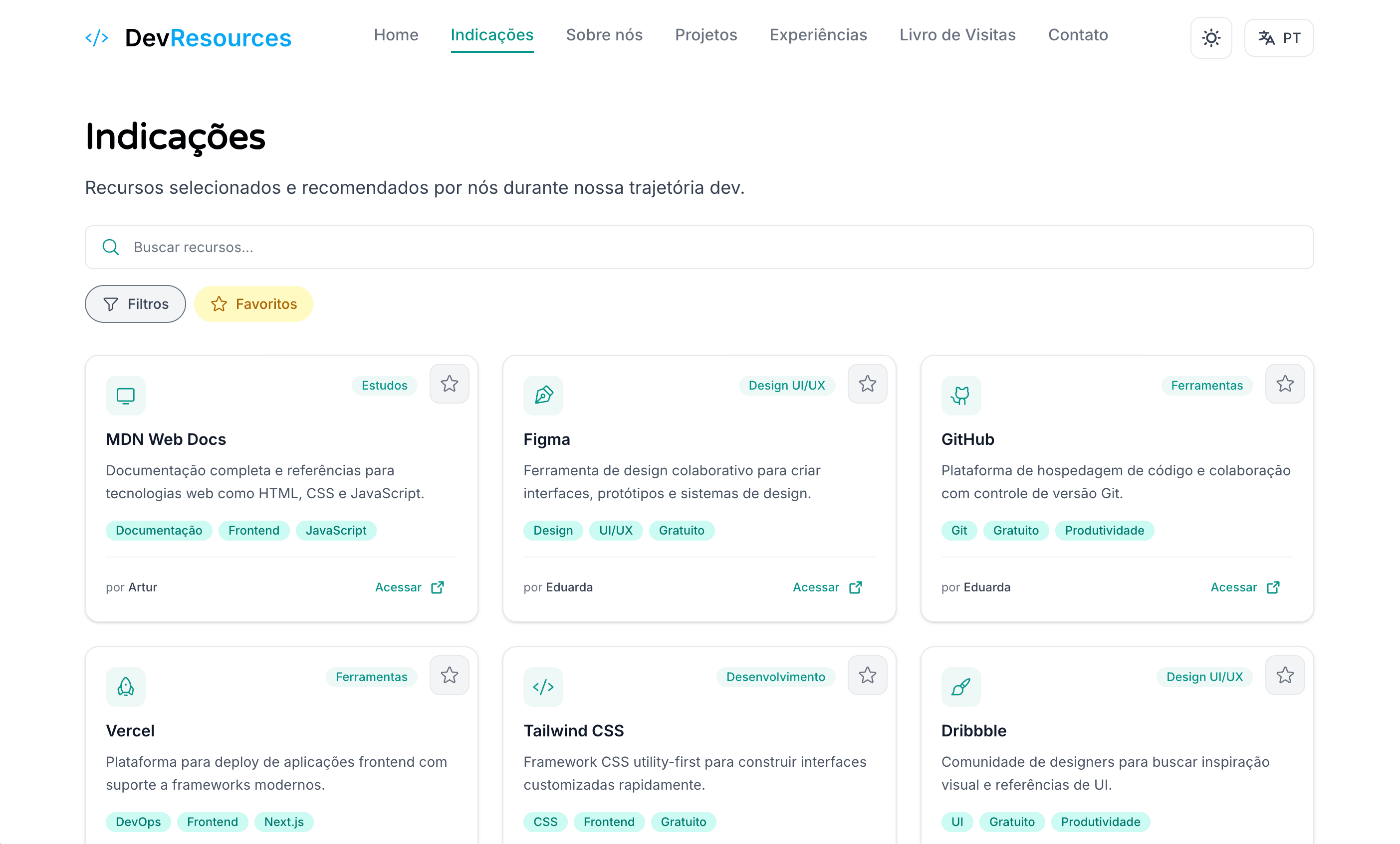Seção de indicações com recursos selecionados pela comunidade