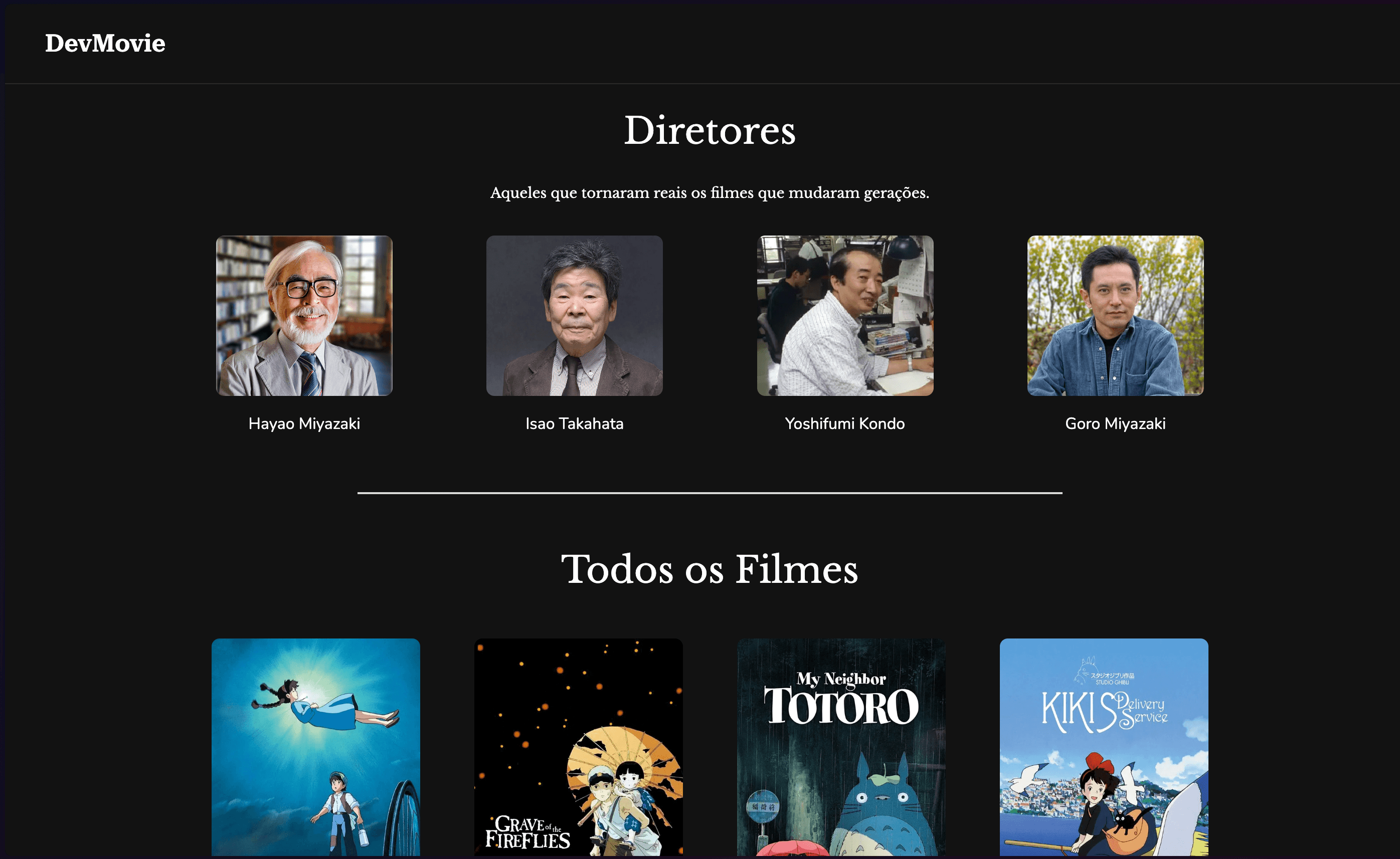 Seção de diretores e filmes do Studio Ghibli